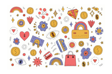 Shopping and Payment Icons: A collection of vibrant hand-drawn icons symbolizing the essence of shopping and diverse payment methods, arranged in a harmonious, engaging composition.