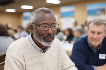Obraz premium Focused conversation in lively gathering, showcasing diverse eng