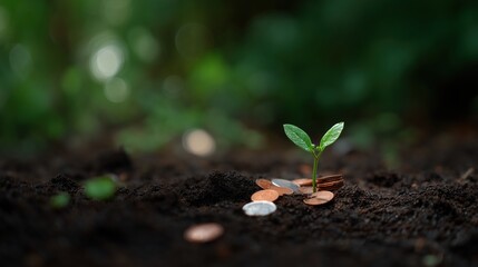 A tender sprout emerges from a bed of coins in rich soil, symbolizing financial growth, prosperity, and the blossoming of investment opportunities.