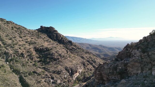 Aerial drone shot of Molino Basin Canyon and Mt Lemmon highway scenic drive in Tucson Arizona highlands