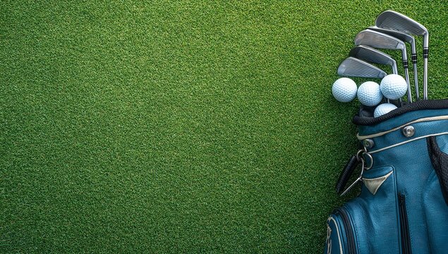 Overhead Shot of Golf Equipment on Lawn with Room for Text – Ideal for Sports Ads or Web Use