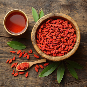 Wooden bowl filled with vibrant red goji berries