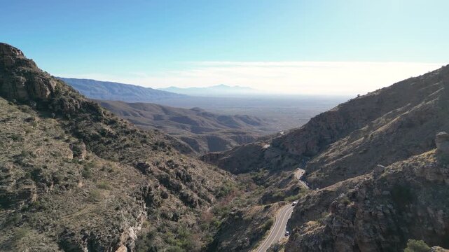 Aerial drone shot of Molino Basin Canyon and Mt Lemmon highway scenic drive in Tucson Arizona highlands