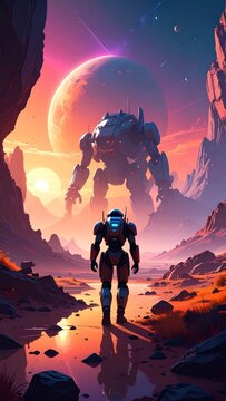 MechWarrior's Sunset Odyssey: A lone soldier walks towards a colossal mech under an alien sunset, reflecting on a tranquil stream.
