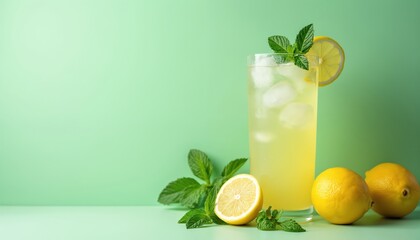 Fototapeta premium Refreshing iced lemonade with mint and lemon slices. Tall glass filled with icy beverage, garnished with fresh mint leaves. Whole lemons and half lemon nearby on green background.