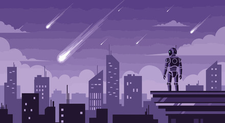 Robot Overseeing a Meteor Shower Over the Cityscape with a Futuristic Theme in Violet Colors