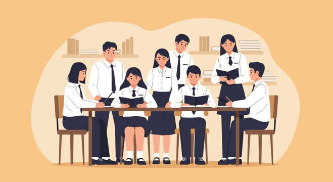 Team of students collaborates in classroom with teacher supervision creates togetherness