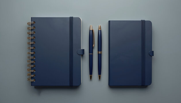 Elegant navy blue notebook, pens stationery set with gold accents. Features classic design, perfect for business personal use. Premium writing accessory includes notepad, planner for organization.
