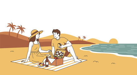Romantic Couple Enjoying a Beach Picnic on a Sunny Day Illustration