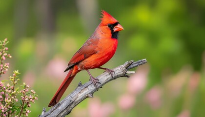 Bright Detailed Cardinal Perched on Branch with Blurry Floral Background
