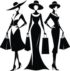 Fashion silhouettes of women in various poses, from shopping and business to dance and beauty