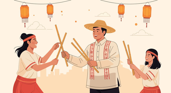Tinikling dance performance at a Filipino cultural festival with bamboo sticks and lanterns creating a festive atmosphere