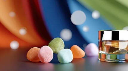 Colorful Candies and Perfume Bottle on Rainbow Background