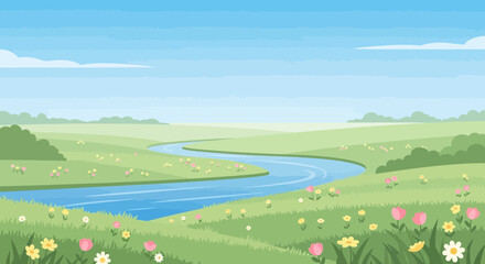 Fototapeta premium Scenic Landscape With Flowing River Through Green Meadows And Colorful Wildflowers