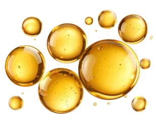 Floating golden oil bubbles with glossy highlights, isolated on a transparent background.