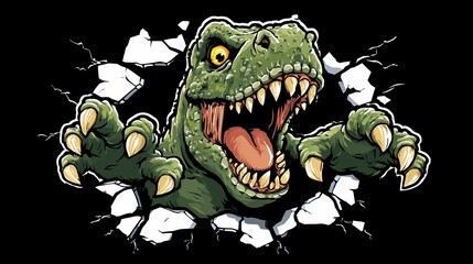 Obraz premium Cartoon dinosaur bursts through wall
