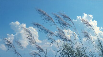 Fototapeta premium Soft Breeze Among Tall Grasses Under a Clear Blue Sky