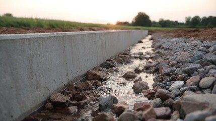 Fototapeta premium Concrete Drainage Channel Surrounded by Stones at Sunset