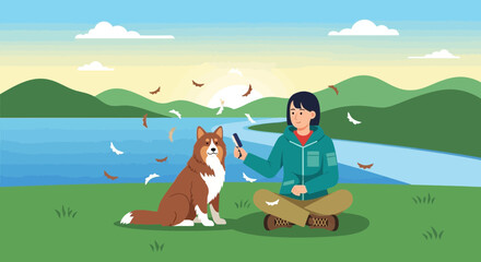 Fototapeta premium Young Woman Brushing Her Dog's Fur Outdoors Near Water At Sunset Beautiful Landscape