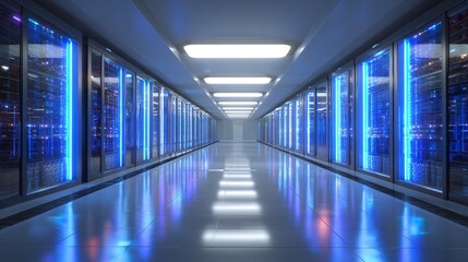 Futuristic Data Center Hallway with Blue Illuminated Server Racks and Glossy Floor
