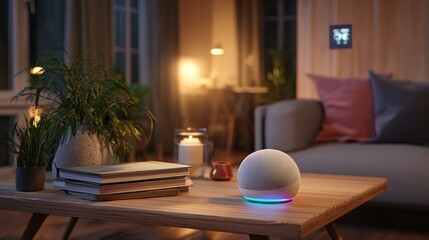Fototapeta premium Cozy Living Room with Ambient Lighting and Smart Speaker on Wooden Table