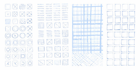 Collection of hand drawn blue checkboxes and grid patterns