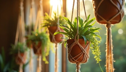Boho decor features hanging macrame planters with green potted plants near window. Sunlight creates warm glow on natural fiber holders. Indoor greenery adds life and texture.