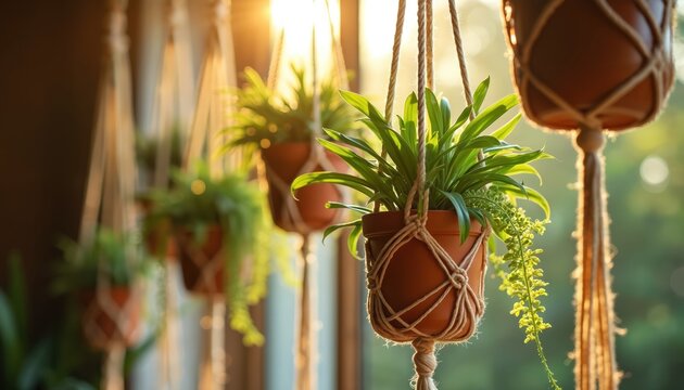 Boho decor features hanging macrame planters with green potted plants near window. Sunlight creates warm glow on natural fiber holders. Indoor greenery adds life and texture. - Powered by Adobe