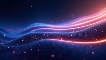 Obraz premium Horizontal Abstract Background with Bright Glowing Wavy Lines and Luminous Particles in Blue and Pink-Orange Colors on a Dark Background, Portraying Dynamic Digital Energy