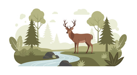 Serene vector landscape illustration with a majestic deer by a flowing river and forest trees