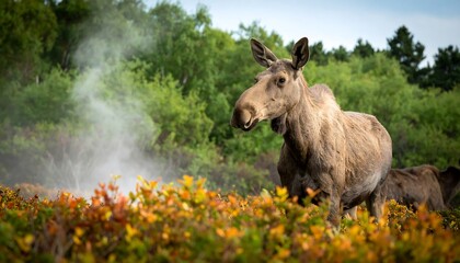 Fototapeta premium Moose in autumnal forest with steam
