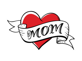 Heart with wording mom vector by hand drawing.Beautiful tattoo on white background.Graphic art highly detailed in line art style.Red heart with ribbon retro for wallpaper or tattoo.

