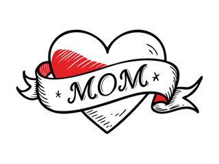 Heart with wording mom vector by hand drawing.Beautiful tattoo on white background.Graphic art highly detailed in line art style.Red heart with ribbon retro for wallpaper or tattoo.

