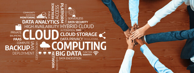 A visually engaging concept showcasing teamwork in cloud computing. Diverse hands over cloud technology terms represent collaboration in technology and business innovation. Amity