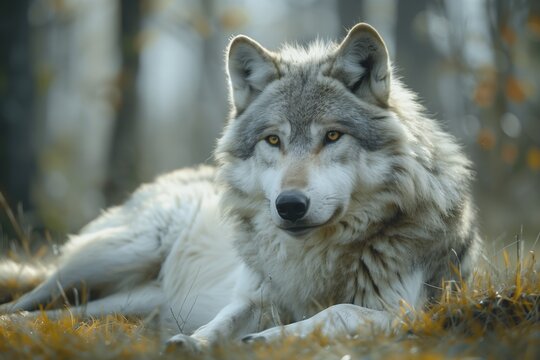 Grey Wolf Lying in Forest - Powered by Adobe