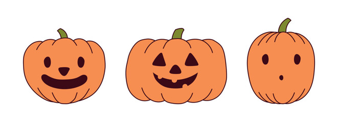 Halloween pumpkin, jack o lantern with carved face, isolated on transparent. Hand drawn line vector illustration. Funny cartoon character. Holiday design elements collection, clip art set, banner