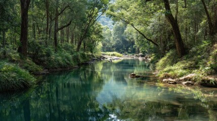 Tranquil forest stream reflection