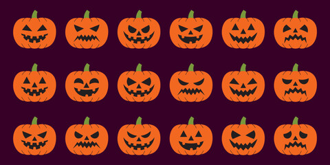 Halloween pumpkins set in vector design. Orange pumpkins with funny and spooky faces for holiday season decoration, trick or treat, and autumn celebration illustration.