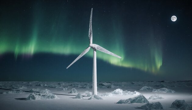 Icy wind turbine standing in a snowy arctic landscape under vibrant green aurora borealis and full moon. - Powered by Adobe
