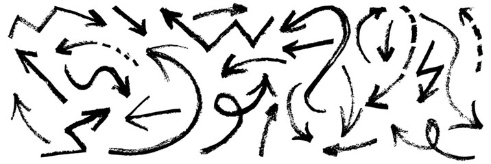 Set of hand drawn black arrows doodle on white background. Collection of childlike arrows in chalk, marker, crayon and pastel. Vector grunge style collage elements for kids, school, kindergarten