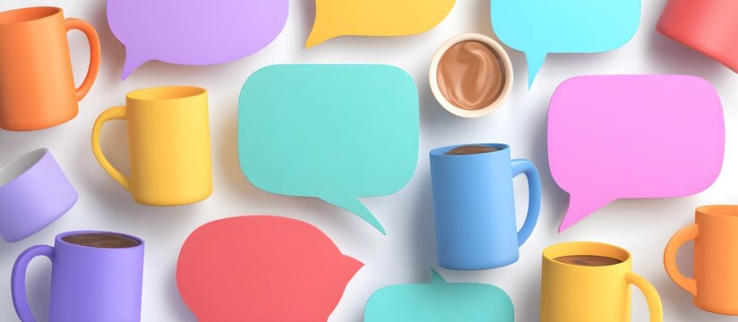 Colorful coffee mugs and speech bubbles for social media marketing concept