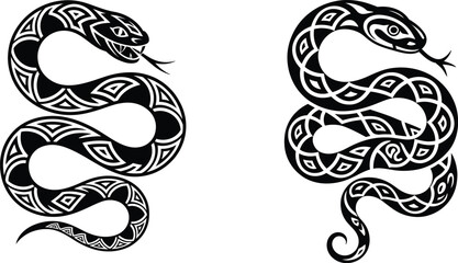 Obraz premium Tribal tattoo design featuring a snake and decorative floral elements, drawn in a vintage black and white style