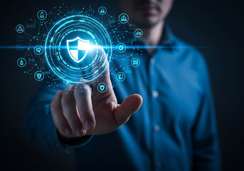Cyber security concept showing a man touching a digital shield, symbolizing data protection and online safety