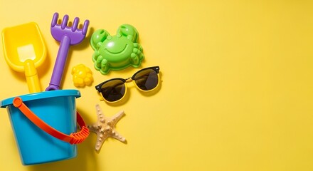 Bright beach toys and sunglasses on a yellow background