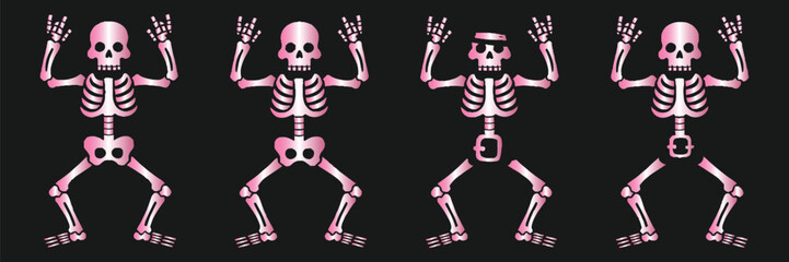 Four pink-hued skeletons with hands raised, each adorned with Halloween accessories like a headband and belt, set against a black background. Fun and festive tone.