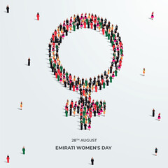 Emirati Women's Day Design with Female with Hijab Vector Illustration. Large group of Emirates womens form female symbol. Emirati Womens Day Template. 28th of August. 