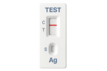 Positive antigen rapid diagnostic test showing a red line on transparent background