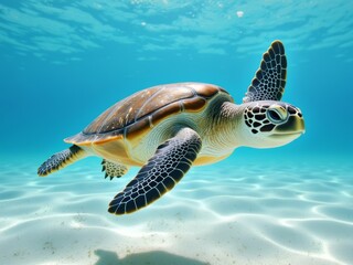 Fototapeta premium Sea turtle swimming gracefully underwater in clear blue ocean 