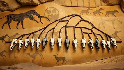 Evolutionary tree with twelve branches ending in anteater skulls against cave art.