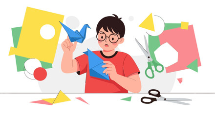 Young boy engrossed in origami craft session surrounded by colorful paper and scissors